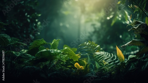  a lush green forest filled with lots of leafy plants and a bright light shining through the leaves of the trees.