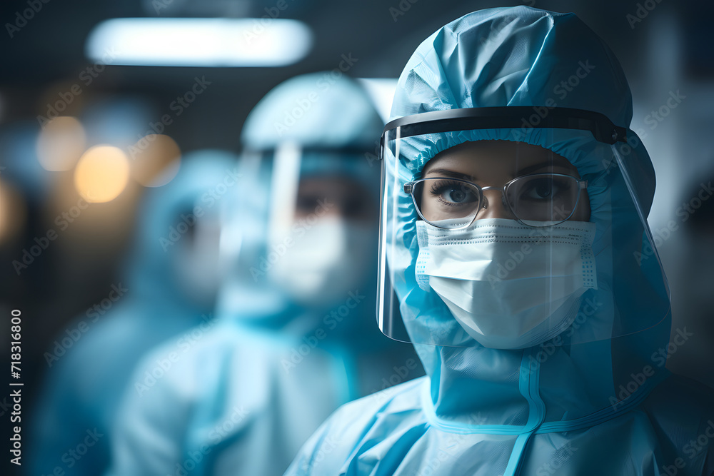 Doctor wearing PPE suit, face mask and face shield in the hospital with blur copy space for the text. Pandemic concept, medical treatment, medicine. Generative AI. Doctor wearing PPE suit, face mask and face shield in the hospital with blur copy space for the text. Pandemic concept, medical treatment, medicine. Generative AI.