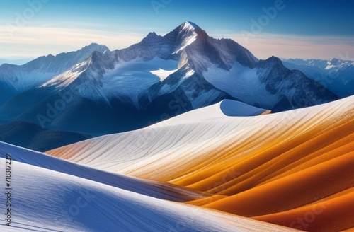 drawing, colored sand on glass, snow-capped mountain peaks illuminated by the crystal light of a winter morning, beautiful, fabulous landscape, romantic atmosphere, high detail, light and shadow