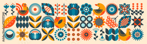 A large set of Ukrainian national style.  Easter floral pattern. Scandinavian style. The concept of ecological farming and poultry farming. Blue and orange illustration in pastel.  photo