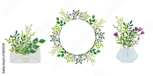 A set of decorative elements with flowers. Bouquet in a vase, frame and envelope isolated on a white background.