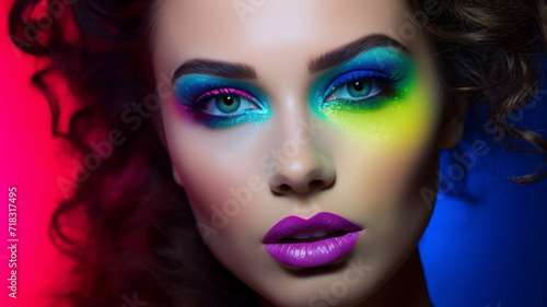 Vibrant, bold makeup transforms a young woman into a futuristic cyborg chic. Editorial beauty concept. © David