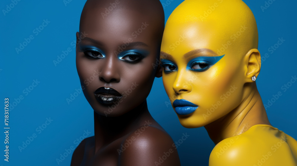 Bold and Chic: A study in contrast and harmony; two women united yet divided by colour, exploring themes of identity and connection Bold and Chic: A study in contrast and harmony; two women united yet divided by colour, exploring themes of identity and connection