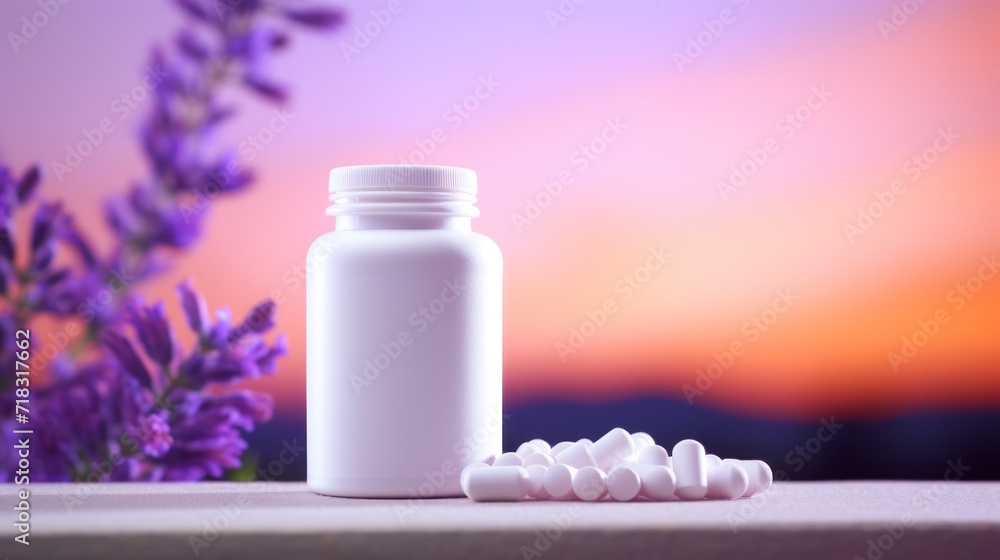 a close up of a bottle of pills next to a plant with purple flowers and a sunset in the background. a close up of a bottle of pills next to a plant with purple flowers and a sunset in the background.