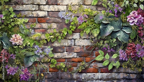 brickwall pattern with leaves, stone wall with green leaves photo