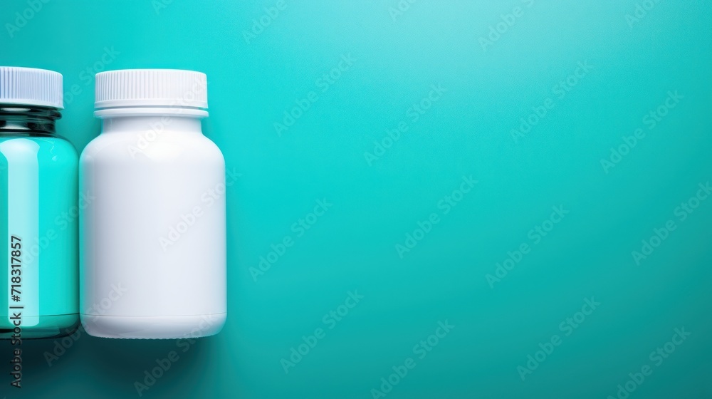 a couple of bottles sitting next to each other on top of a blue surface with a white cap on one of the bottles. a couple of bottles sitting next to each other on top of a blue surface with a white cap on one of the bottles.