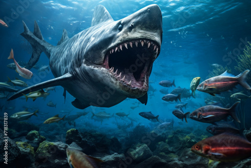 A powerful great white shark hunts in the deep blue sea surrounded by a school of fish.