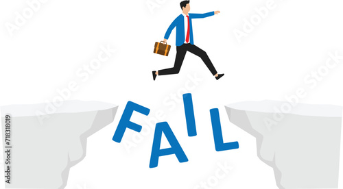 Man jumping and crashing and destroying the wall of failure, optimistic concept in trying and never giving up.
