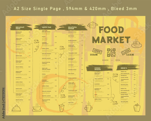 Restaurant cafe menu, template design. Single page food menu template, A2 size single page.