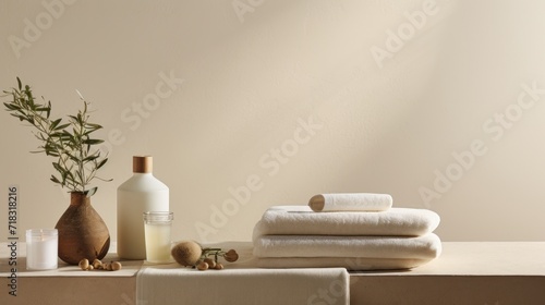  a table topped with lots of white towels and a vase filled with greenery next to a bottle of water.