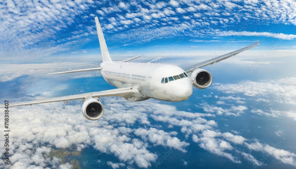 Obraz premium White passenger airplane flying in the sky amazing clouds in the background 