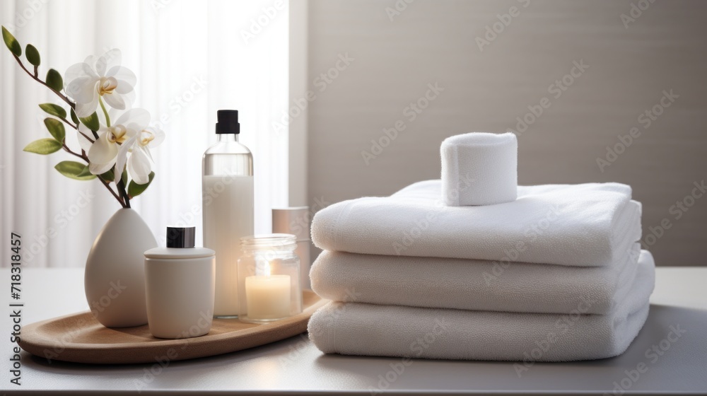  a stack of white towels sitting on top of a table next to a bottle of liquid and a vase with flowers.