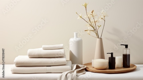  a table topped with lots of white towels and a vase filled with flowers next to a pile of white towels.