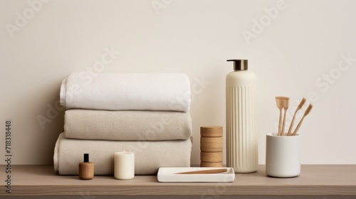  a stack of towels sitting on top of a wooden table next to a bottle of liquid and a toothbrush.