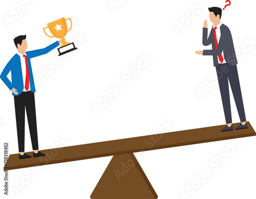 Social comparison anxiety discouraged from failure, loser or self motivation problem, comparing yourself to others, man standing on his hands comparing other side to fellow winners.

