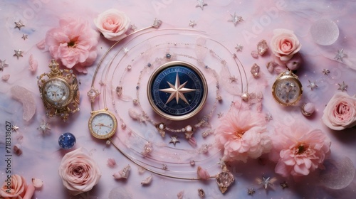  a glass plate with a compass surrounded by pink roses and other jewelry on a pink marble surface with stars and sparkles.