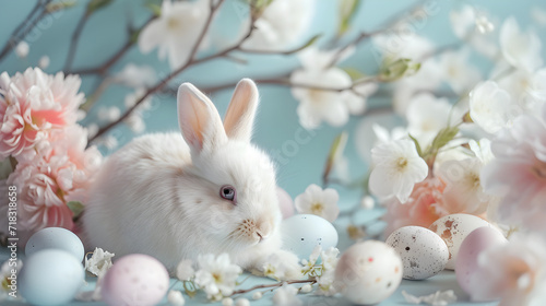 Easter cute bunny with Easter colored eggs on a spring  blue background with tree branch and flowers © Taisiia