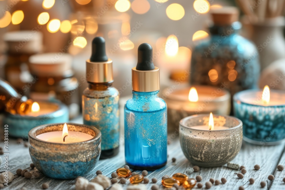 Aromatherapy supplies with vibrant blue essential oil bottles, lit candles in rustic bowls, and ambient warm lighting creating a tranquil spa setting Aromatherapy supplies with vibrant blue essential oil bottles, lit candles in rustic bowls, and ambient warm lighting creating a tranquil spa setting