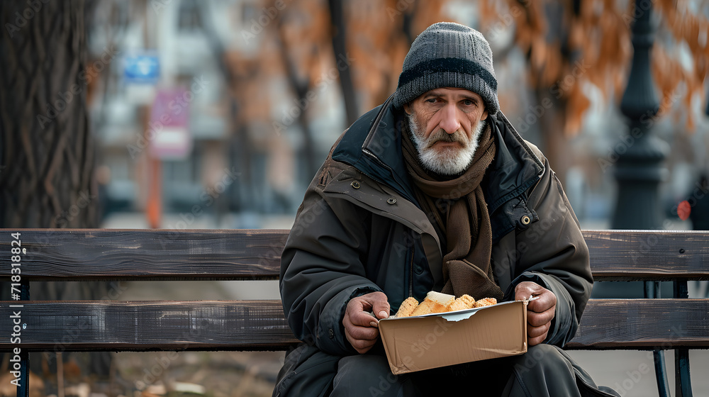 Homeless poor man eating on the street - obrazy, fototapety, plakaty 