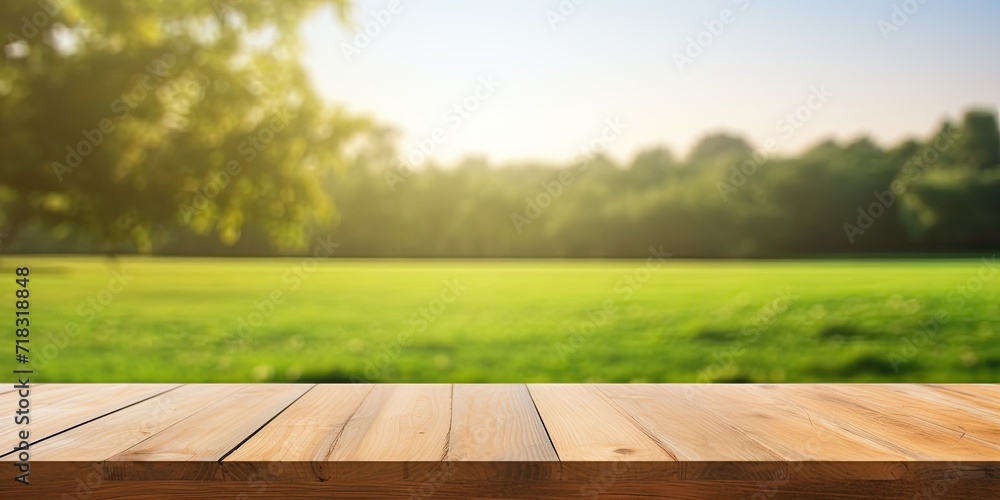 Morning background with empty wood table top on green lawn for product display montage. Morning background with empty wood table top on green lawn for product display montage.