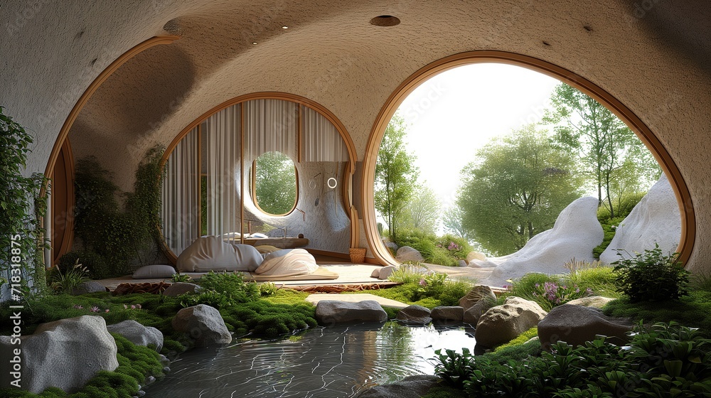 a natural house with cycloid arches with garden windows