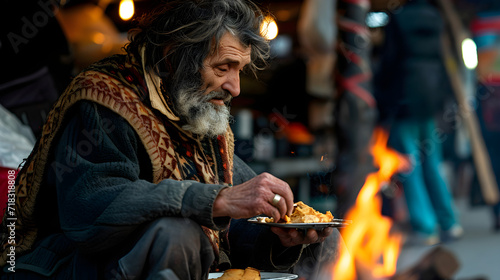 Homeless poor man eats on the street  in the park photo