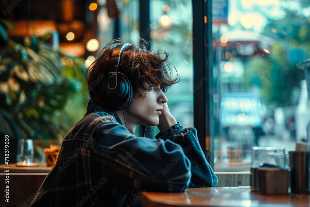A stylish woman immerses herself in the bustling street sounds, lost in her music as she sits at an indoor table, her headphones creating a bubble of solitude amidst the chaos