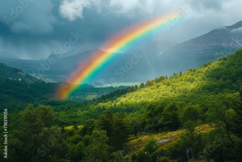 A serene landscape with a rainbow gently arching over,
