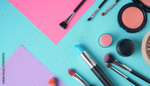 Flat lay of beauty cosmetics products set. Eyeshadow, lipstick, blush and other makeup accessories