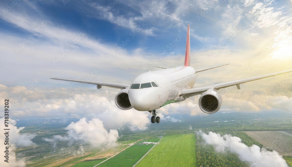White passenger airplane flying in the sky amazing clouds in the background White passenger airplane flying in the sky amazing clouds in the background