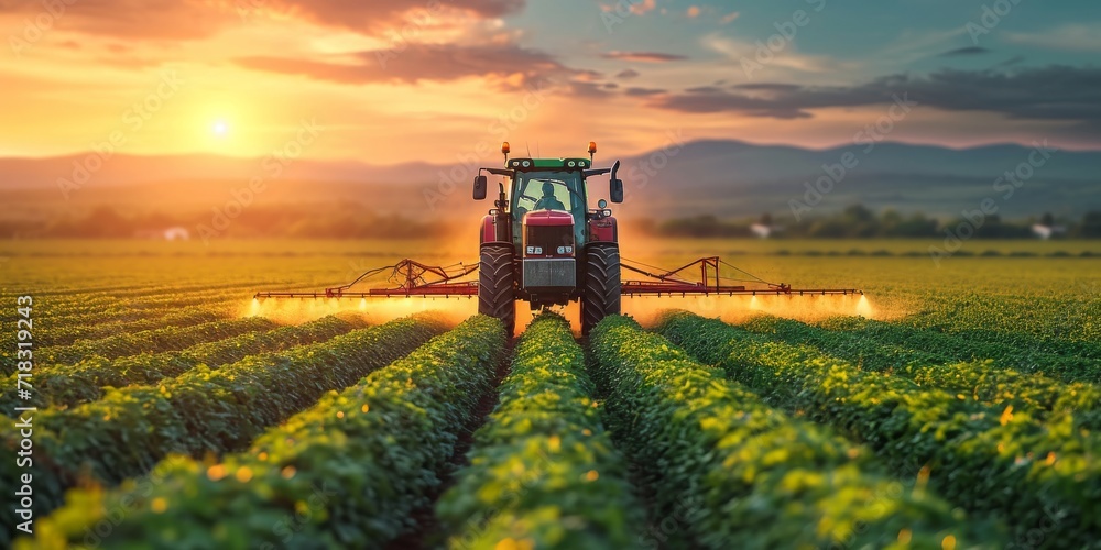 Modern Agriculture at Sunset: Tractor Spraying Crops in a Lush Field, Showcasing the Blend of Nature and Farming Technology, Generative AI