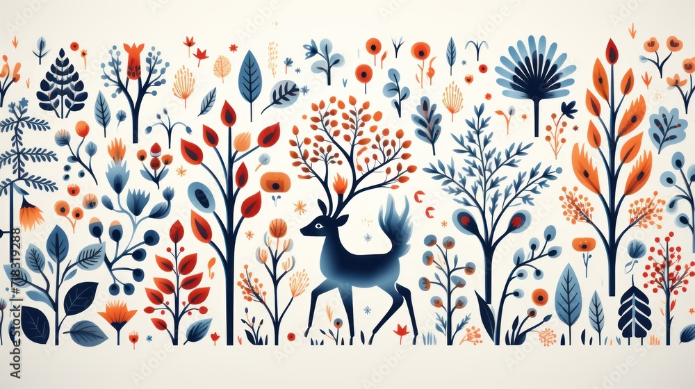 a painting of a deer in the middle of a forest with trees and flowers on the sides of the wall. a painting of a deer in the middle of a forest with trees and flowers on the sides of the wall.