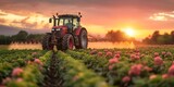 Modern Agriculture at Sunset: Tractor Spraying Crops in a Lush Field, Showcasing the Blend of Nature and Farming Technology, Generative AI