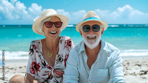 An elderly man and woman smile and relax on the shore of the turquoise ocean