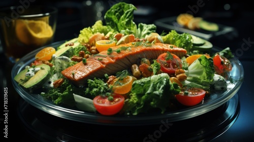  a plate of salmon, lettuce, tomatoes, avocado, and oranges on a table. © Anna