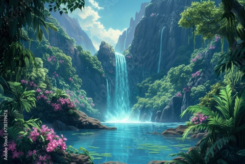 breathtaking fantasy landscape featuring a cascading  multi-colored waterfall that flows into a crystal-clear lake.