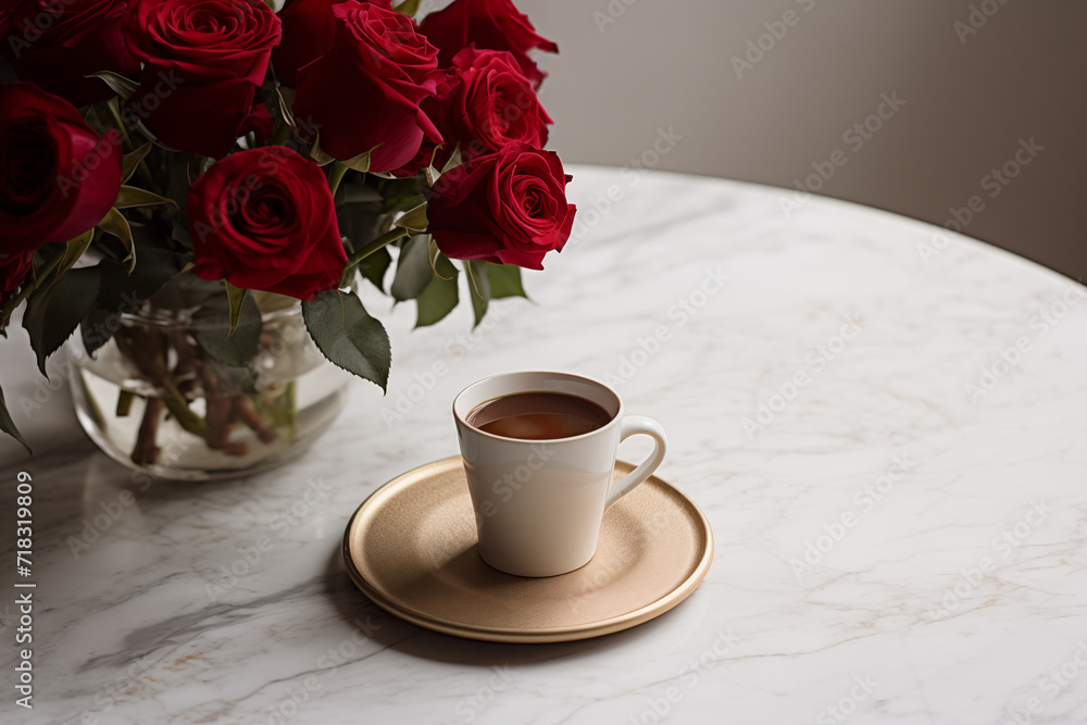 A cup of American on a light marble table with a vase filled with roses A cup of American on a light marble table with a vase filled with roses