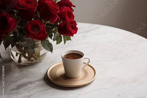 A cup of American on a light marble table with a vase filled with roses