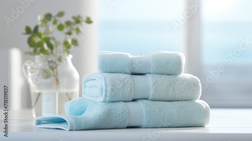  a stack of white towels sitting on top of a table next to a vase with a green plant in it.