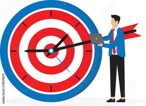 Businessman holding bow after shooting bullseye target on alarm clock and Time management to finish work within deadline, productivity or efficiency to reach goal, project timeline concept.
