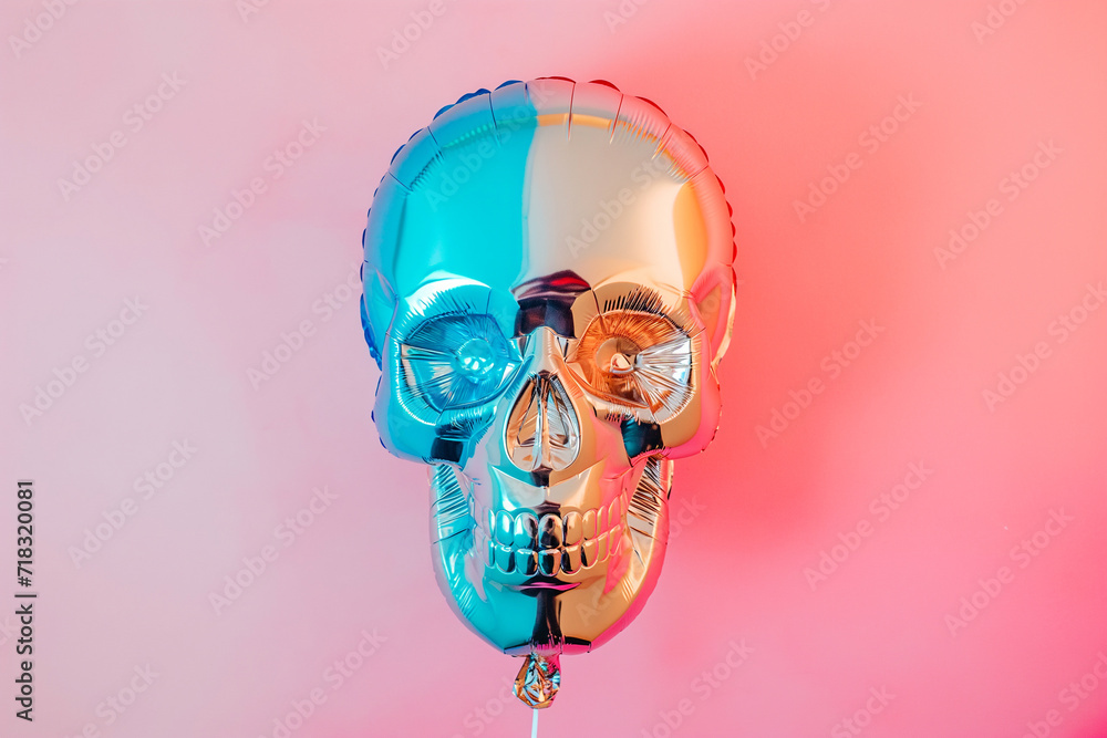 Skull shaped helium balloon. Inflatable balloon in a shape of human skull on pastel background. Halloween party, skeleton jokes and congratulations - obrazy, fototapety, plakaty 