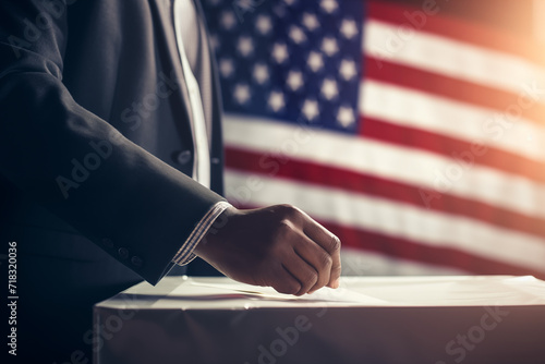 Male hand in elegant suit putting voting card into the ballot box, Presidential election 2024 in United States of America. USA flag background. photo