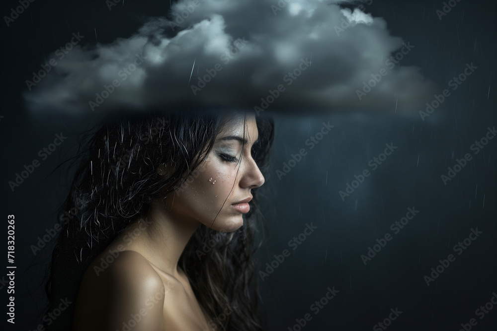 Upset woman with a dark rain cloud above her head, depression, loneliness, negative thoughts, stress, crying, bad mood, heavy thoughts, dark clouded mind. Mental health and social issues concept