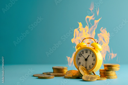 Burning alarm clock with golden coins. Lost investments, burnt savings, inflation concept. Temporary financial difficulties, time out or deadline, wrong decisions. Money on fire, hot sale, shopping.