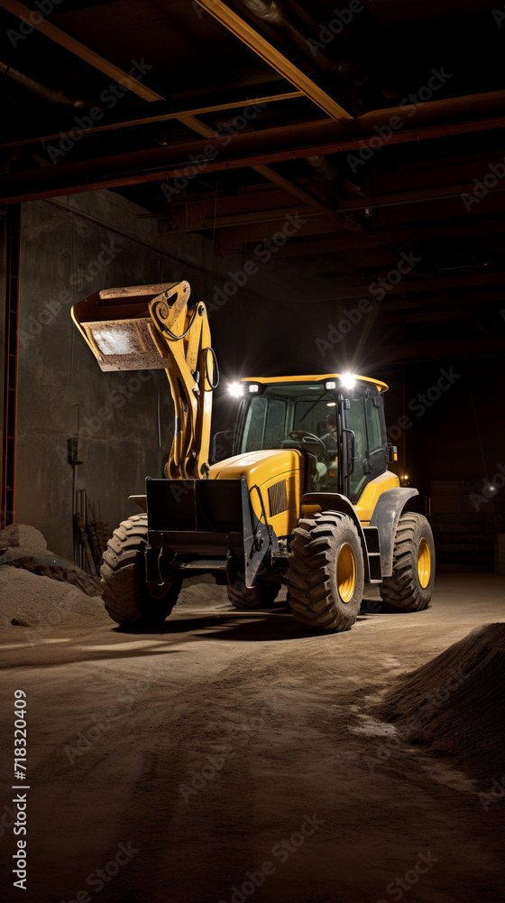 A yellow backhoe loader with headlights on stands ready for operation inside a dark warehouse.