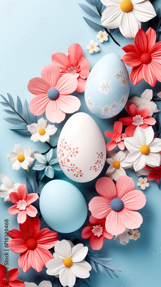 Colorful easter eggs and flowers on blue background. Top view with copy space. Greeting card on an Easter theme. Happy Easter concept.