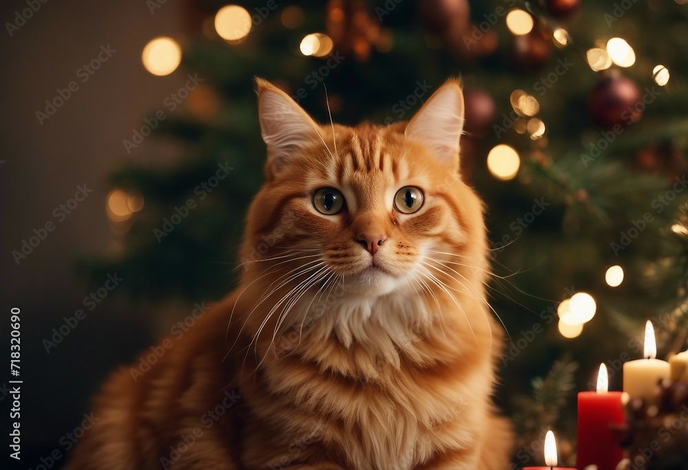 Adorable orang tabby cat sitting in front of a Christmas tree looking at viewer Adorable orang tabby cat sitting in front of a Christmas tree looking at viewer
