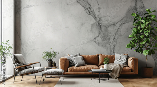 Scandinavian farmhouse living room interior, wall marble. Generative Ai