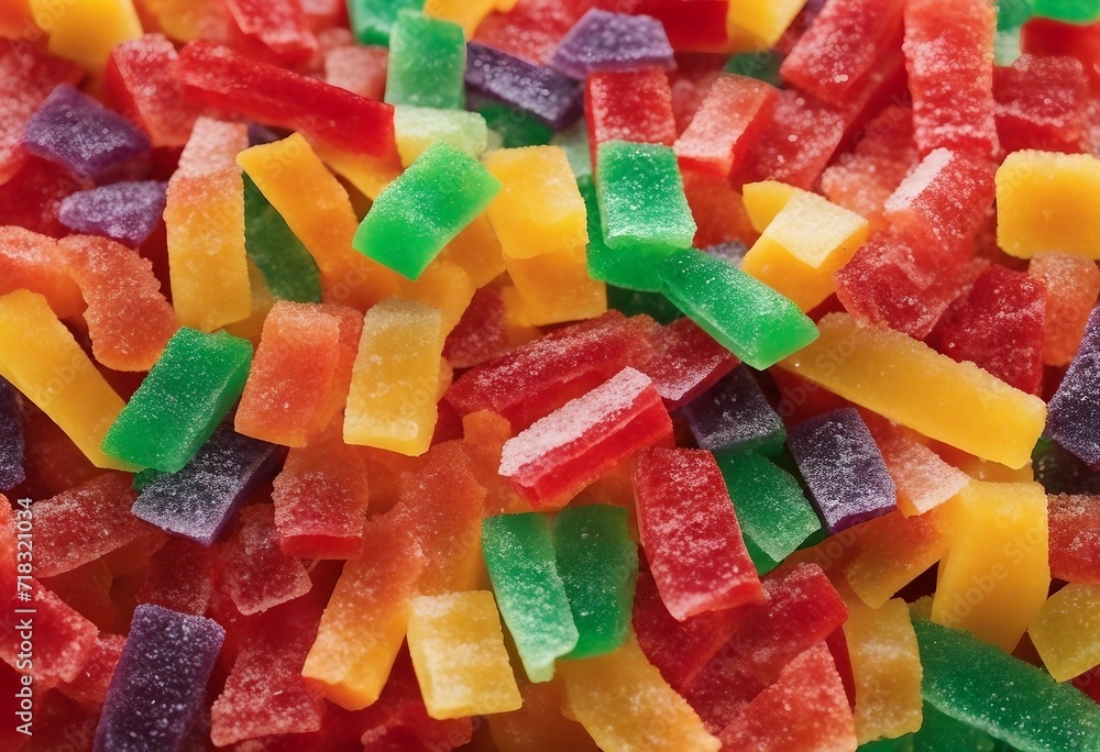 Brightly colored fruit roll candy strips covered in sugar crystals top view close up Delicious sweets Brightly colored fruit roll candy strips covered in sugar crystals top view close up Delicious sweets