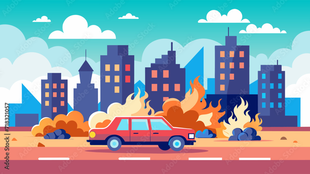 Fototapeta premium Car fire in urban setting vector illustration with cityscape